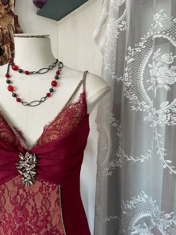 Burgundy Retro V-neck Lace Long Ball Gown Mermaid Evening Dress Party Dress nv2354