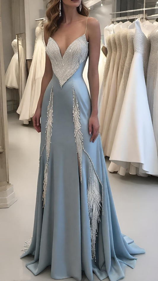 Light blue gorgeous beaded shiny sexy elegant mermaid bodycon long floor-length evening gown prom dress party dress wedding dress nv5115