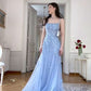 Blue stylish elegant exquisite embroidered spaghetti straps long tulle off-shoulder floor-length ball gown, evening dress, party dress nv3716