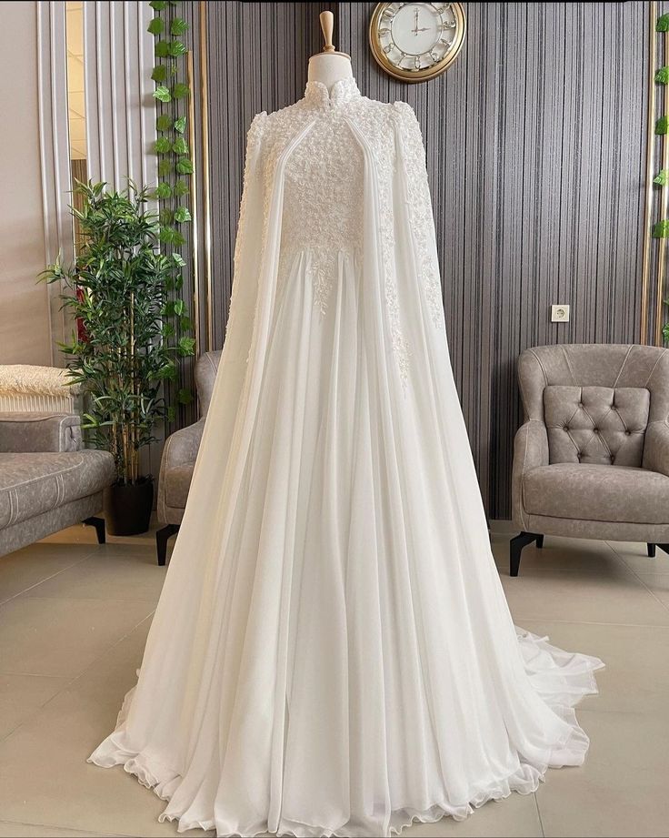 Ivory white gorgeous exquisite lace beading A-line long tulle cape ball gown evening dress wedding dress nv8