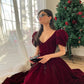 Red V Neck Velvet Back Puff Sleeves Short Sleeve Beaded A-Line Skirt Elegant Prom Dress Graduation Dress Homecoming Dress Party Dress nv2380