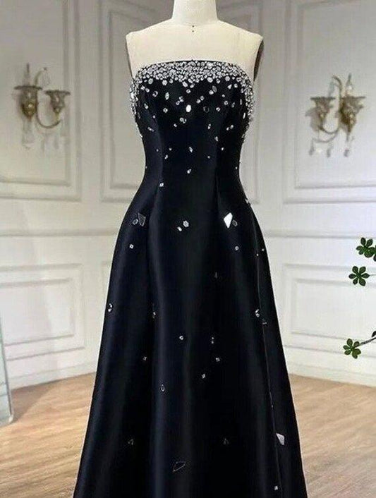 Black Shiny Elegant Crystal Mirror Decoration Off Shoulder A-Line Long Satin Ball Gown Evening Dress nv3158