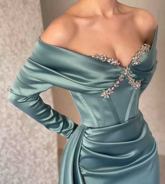 Unique Off Shoulder Long Sleeve Glitter Mermaid Prom Dress Long Sleeve Beaded Ball Party Dress nv1975