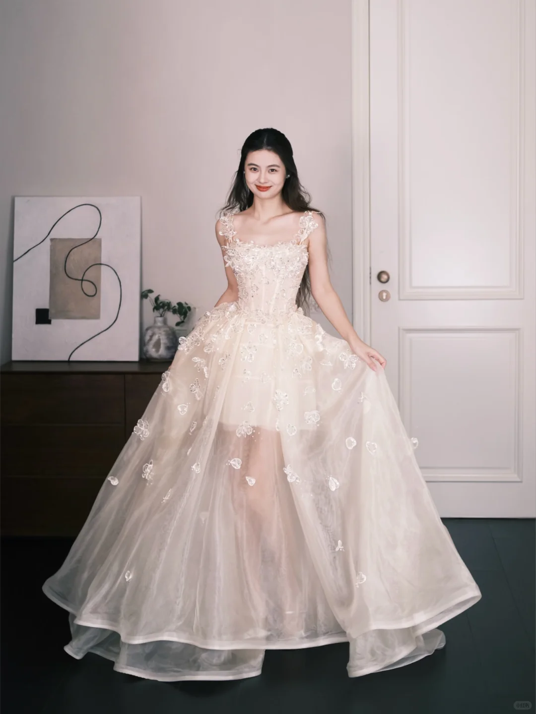 Spaghetti Strap 3D Flower Sheer Tulle Prom Dress, Square Neck Formal Gown  NV7337
