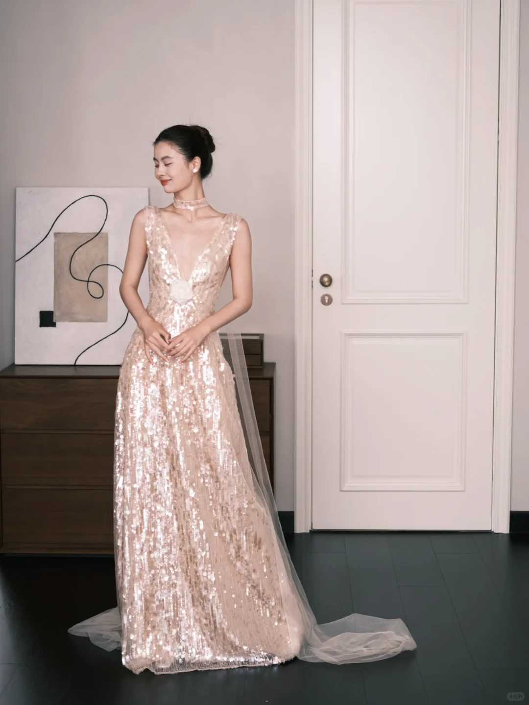 Nude Deep V Allover Sequin Prom Dress 3D Floral Evening Gown  NV7202