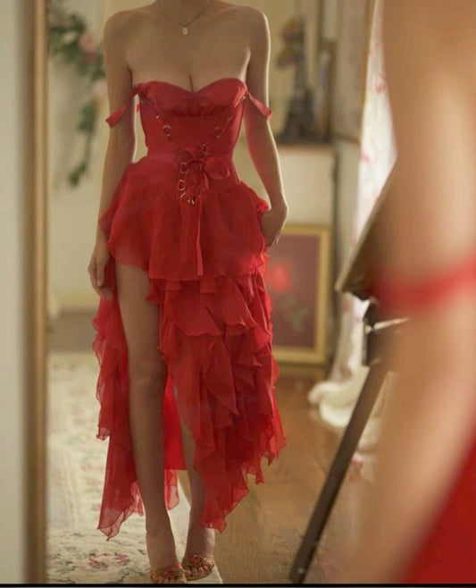 Red Vintage Elegant Short Chiffon Homecoming Dress Party Dress nv4851