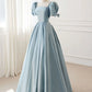 A-Line Blue Satin Puffy Sleeve Long Prom Dress, Blue Formal Dresses nv1726