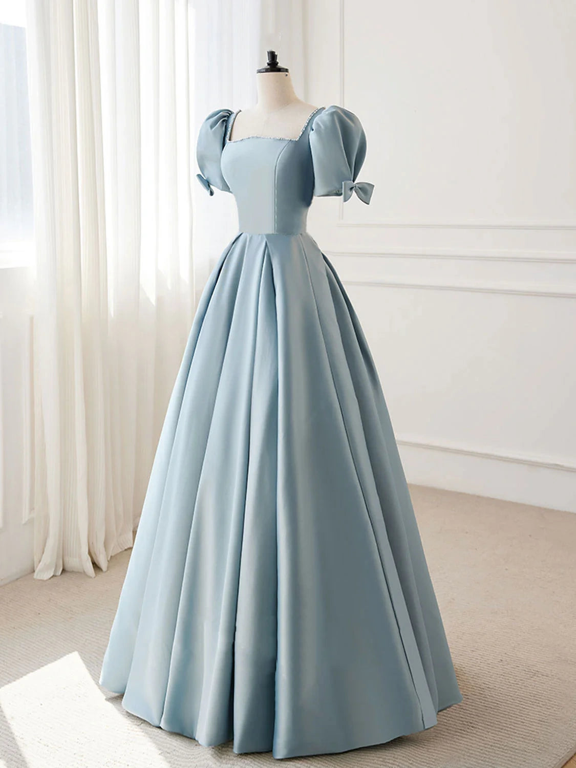 A-Line Blue Satin Puffy Sleeve Long Prom Dress, Blue Formal Dresses nv1726