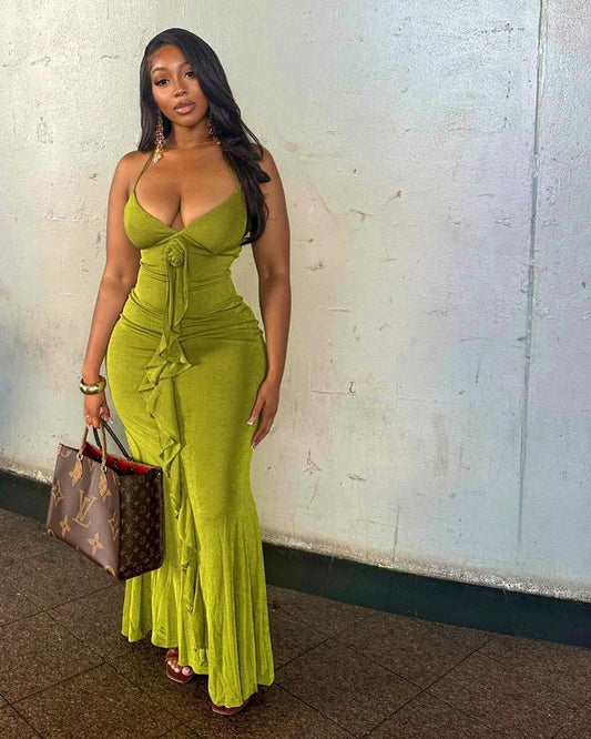 Green fashion spaghetti straps elegant long ruffled ball gown evening dress party dress nv3502