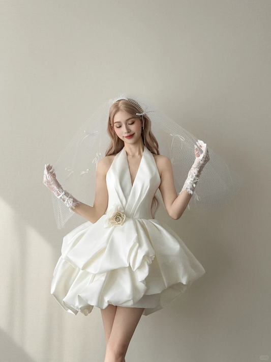 White Halter Deep V Bubble Mini Wedding Dress With 3D Flower  NV7142