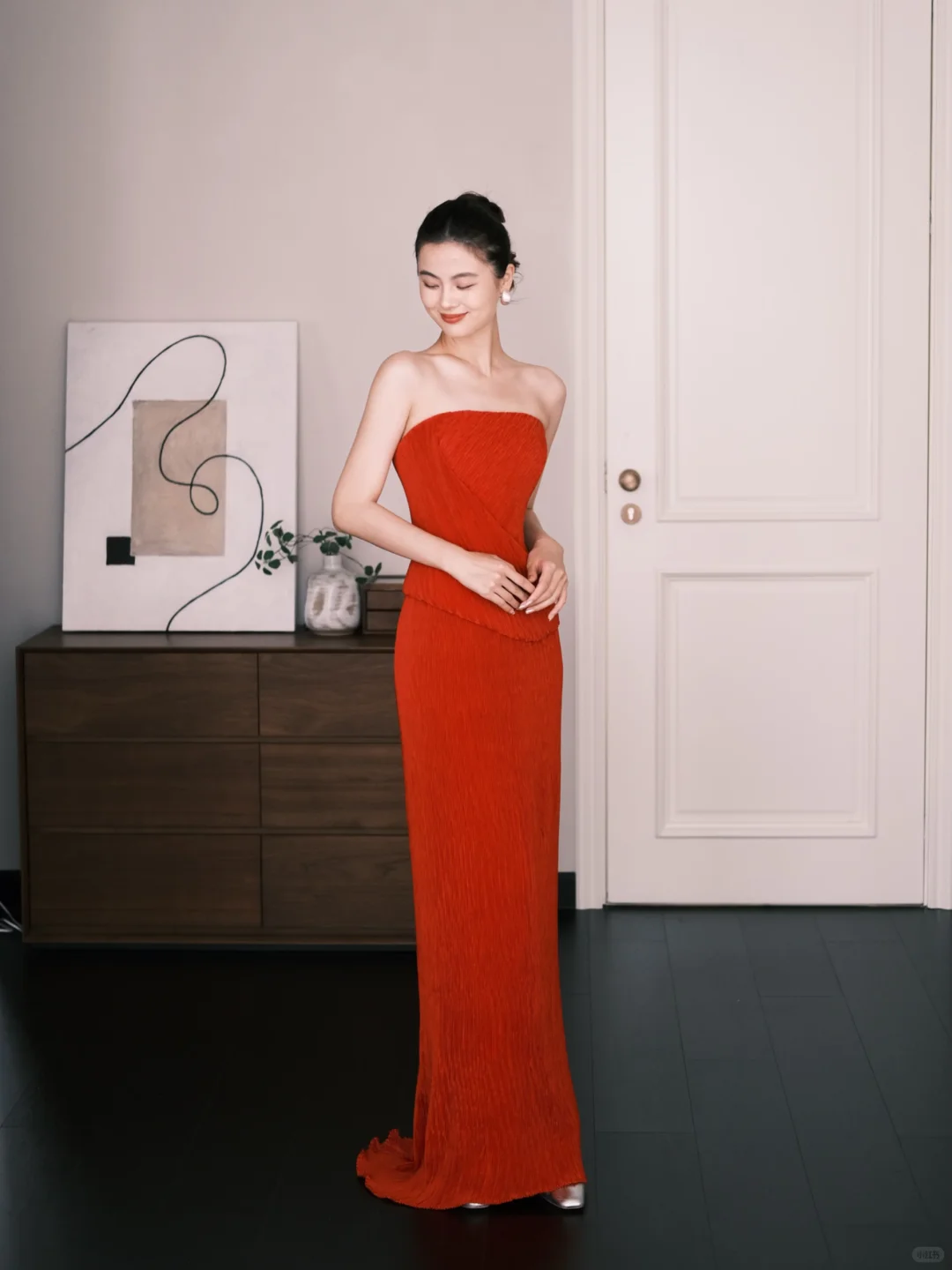 Strapless Pleated Mermaid Evening Gown Red Fitted Wedding Reception Dress  NV7255