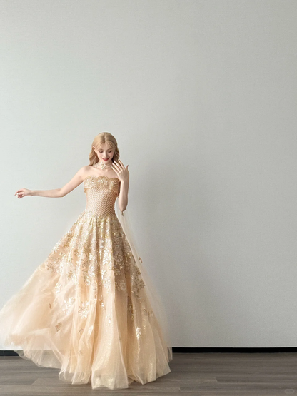 Champagne Strapless Ball Gown Gold Floral Tulle Prom Dress With Streamer  NV7113