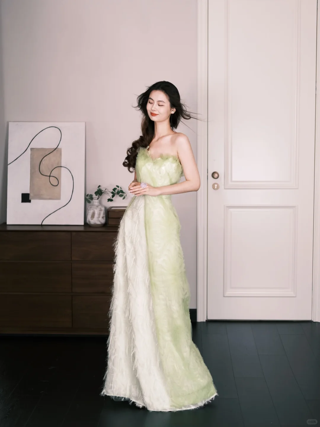 Mint Green Strapless Feather Tulle Evening Gown, Fairy Prom Dress  NV7290