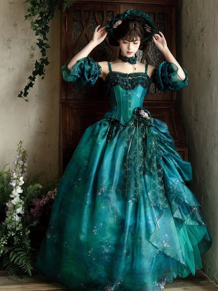 Dunkelgrünes, luxuriöses Lolita-Ballkleid mit Sternenmuster – ideal für Teepartys und Cosplay im Wald-Stil (NV6390)