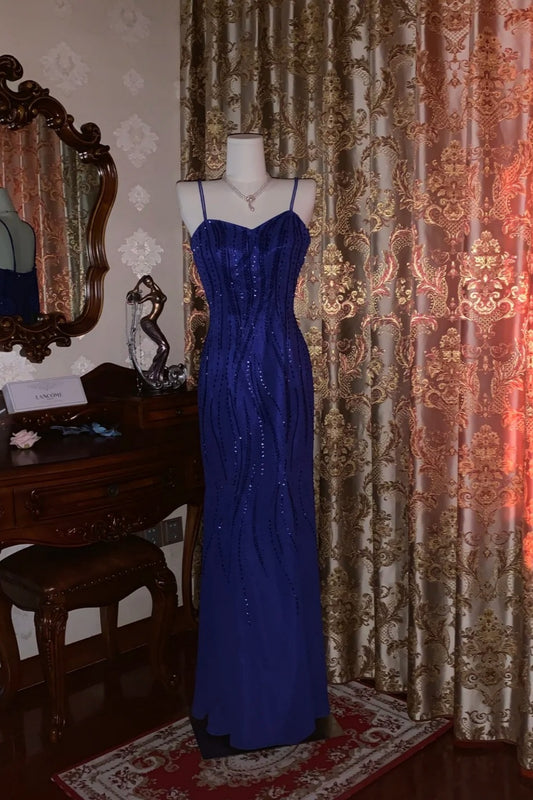 Luxuriöses, schimmerndes, königsblaues, perlenbesetztes Meerjungfrauen-Abendkleid in Bodenlänge – Elegantes Kleid für Dinner und Cocktailparty NV6369