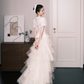 Vintage Tiered Tulle Wedding Dress Ivory Puff Sleeve Lace Bridal Gown  NV7252