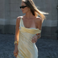 Elegant Light Yellow A Line Strap Satin Long Prom Dress Evening Dress nv5393