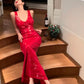 Charming Red Mermaid Halter Sequin Open Back Prom Dress Evening Dress nv5394