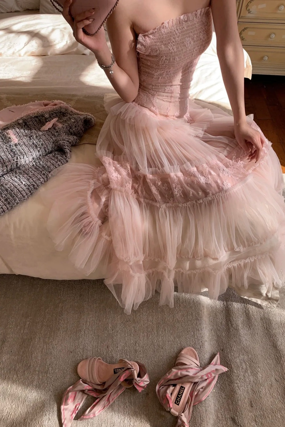 Pink long chiffon evening gown NV6745