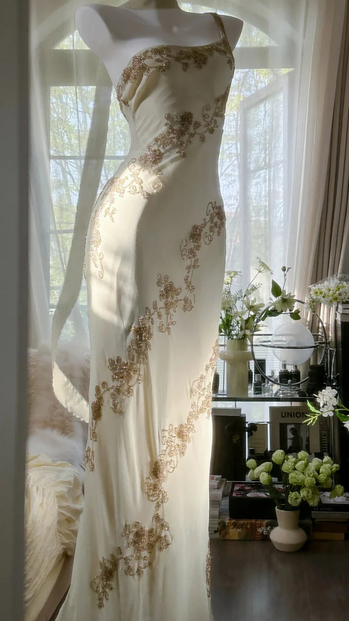 Ivory White Vintage Fashion One Shoulder Exquisite Beaded Long Chiffon Ball Gown Birthday Party Dress Cocktail Party Dress Evening Dress Prom Dress nv4904