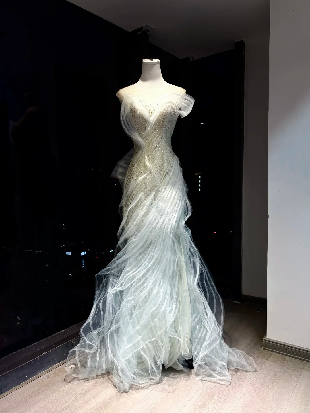 Light Mint Off Shoulder Long Mermaid Formal Gown Hand Beaded Ruffle Tulle Evening Dress  NV6959