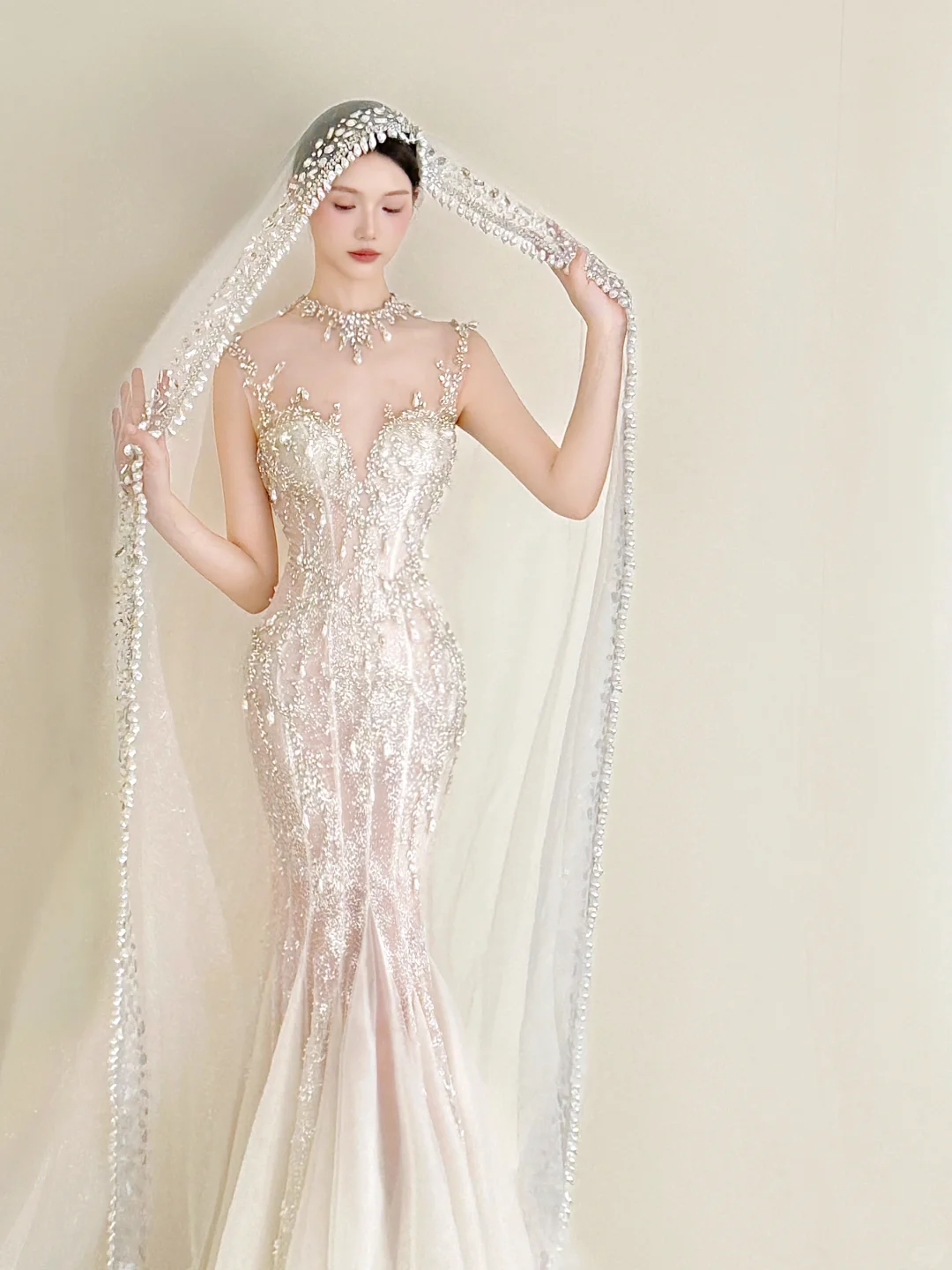 White Mermaid Beaded Sequin Wedding Dress Illusion V Neck High Slit Bridal Gown  NV7181
