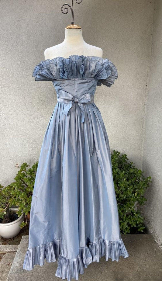 Blue Grey Taffeta Vintage Charming Long Ruffled Ball Gown Evening Dress Party Dress nv2831