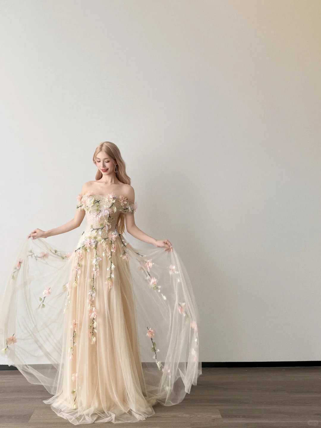 Off Shoulder A-Line Tulle Prom Dress Champagne 3D Floral High Slit Gown  NV7124