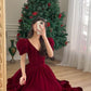 Red V Neck Velvet Back Puff Sleeves Short Sleeve Beaded A-Line Skirt Elegant Prom Dress Graduation Dress Homecoming Dress Party Dress nv2380