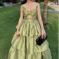 Green Elegant Cute A-line Off-shoulder Multi-layered Backless Evening Dress Ball Gown Party Dress nv2378