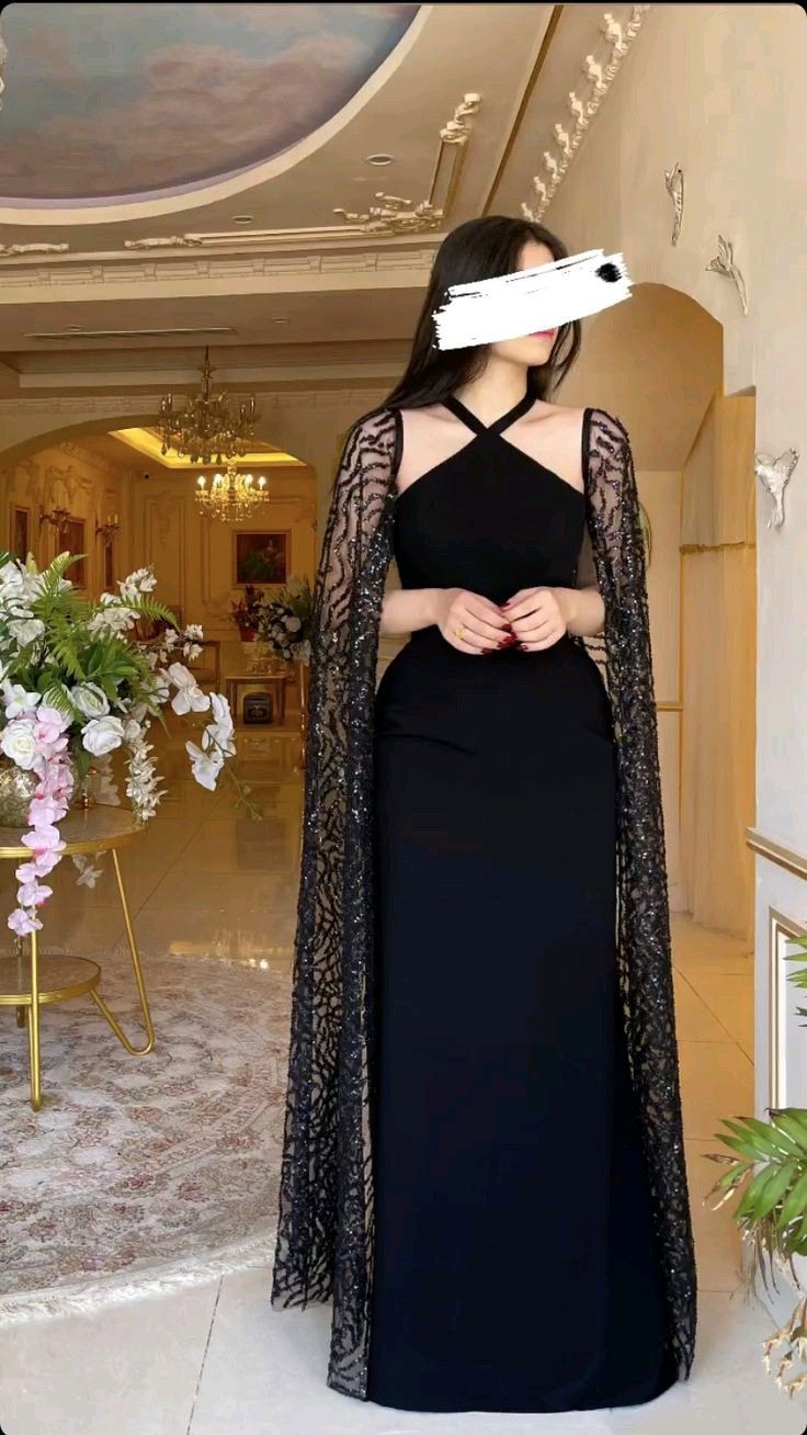 Black halter neck elegant long cape ball gown evening dress nv2165