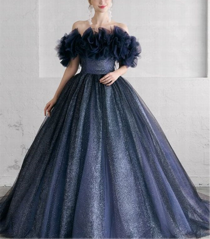 NiceVestidos-Navy Blue Shimmering Long Tulle Ball Gown NV6135