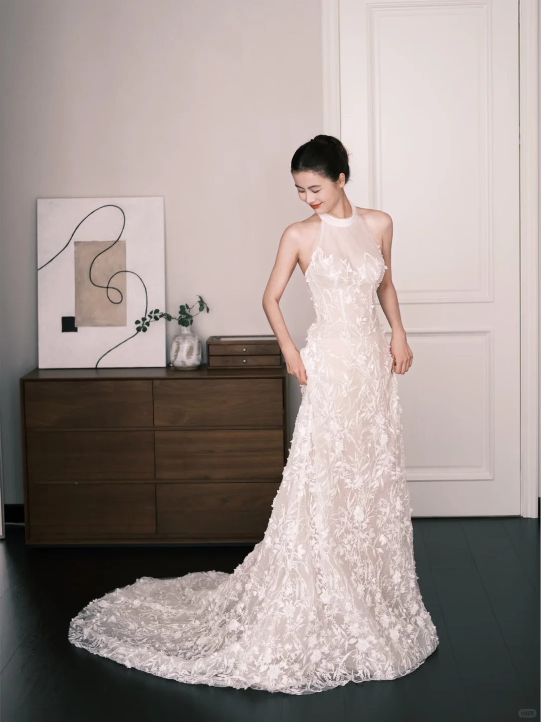 White Halter High Neck Lace Mermaid Wedding Dress  NV7235