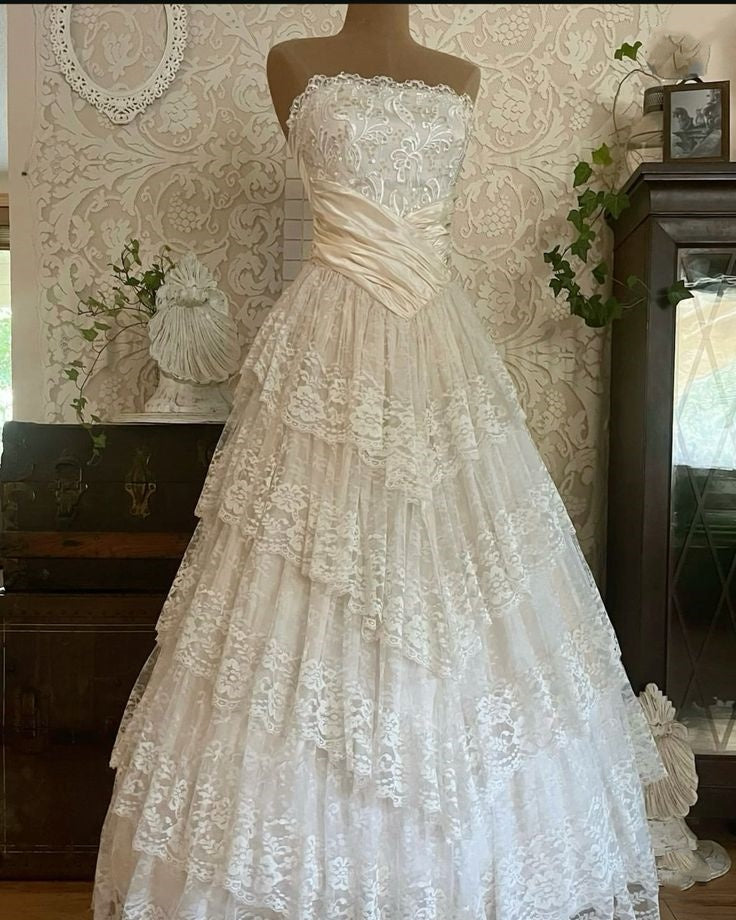 White lace long tulle ball gown evening gown wedding dress nv2983