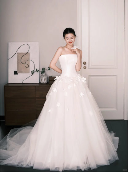 White Strapless 3D Floral Tulle Ball Gown Wedding Dress  NV7233