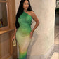 Green stylish elegant one shoulder gradient long ball gown evening dress nv2892