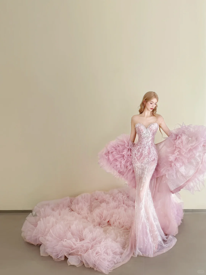 Pink Sweetheart Sheer Mermaid Prom Dress Sequin Cloud Tulle Train  NV7147