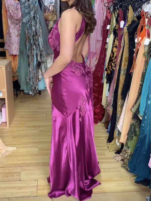 Purple V-neck embroidered backless fashionable long ball gown evening dress nv2982