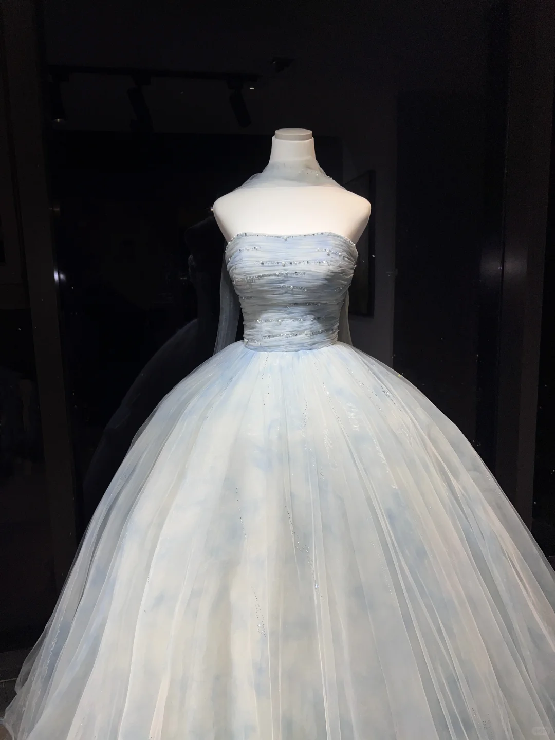 Dusty Blue Cloud Tulle Long Evening Gown Strapless Puffy Ball Gown Prom Dress with Cape  NV7077