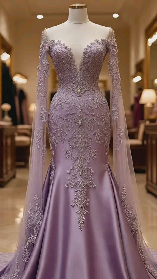 NiceVestidos-Purple Delicate Lace Satin Prom Dress NV6129