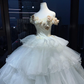 White Off Shoulder Princess Evening Gown 3D Flowers Tiered Ruffle Shimmer Organza Long Prom Dress  NV7016