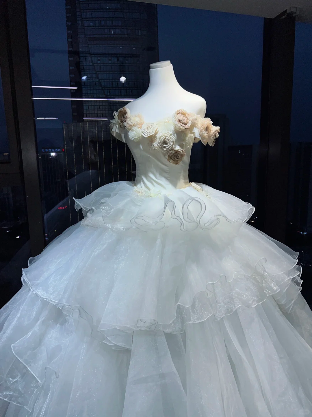White Off Shoulder Princess Evening Gown 3D Flowers Tiered Ruffle Shimmer Organza Long Prom Dress  NV7016