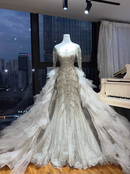 Long Sleeve Beaded Mermaid Wedding Gown, Detachable Cloud Tulle Overskirt Bridal Dress  NV7099