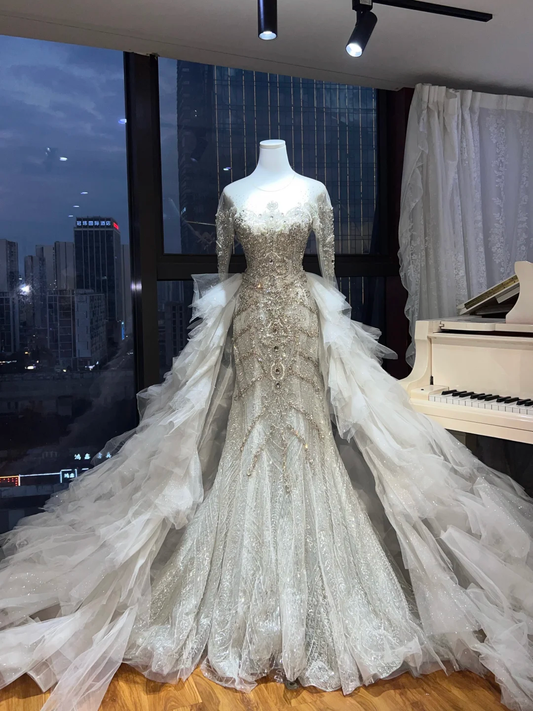 Long Sleeve Beaded Mermaid Wedding Gown, Detachable Cloud Tulle Overskirt Bridal Dress  NV7099
