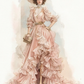 Dusty Pink Edwardian Lace Ruffle Train Vintage Evening Gown  NV7412