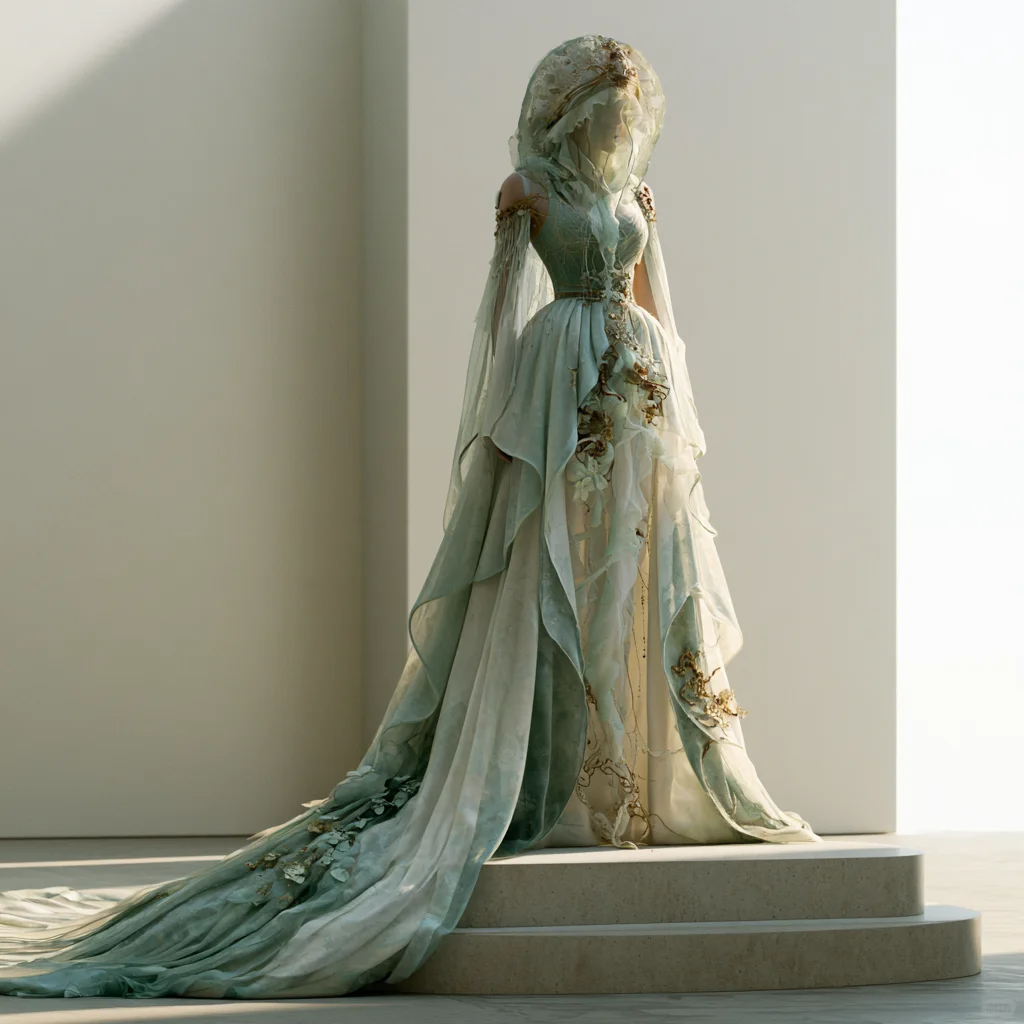Light Mint Green Fairy Organza Gown with Hooded Tulle Veil and Long Train  NV7494
