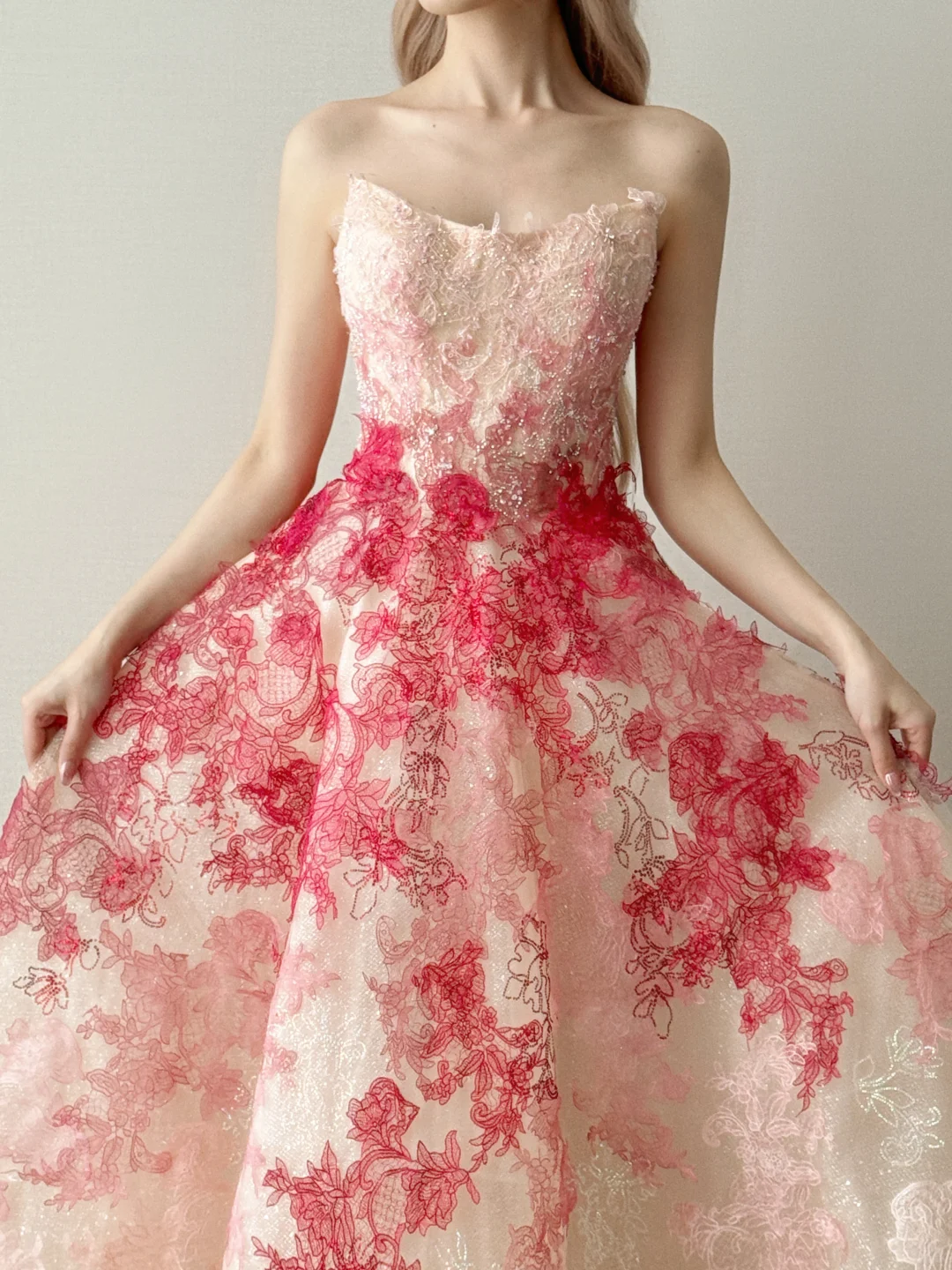 Strapless Pink Red Ombre Tulle Ball Gown 3D Floral Prom Dress  NV7129