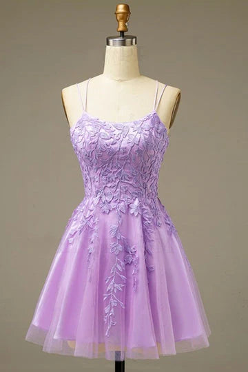 Lilac A-Line Homecoming Dress Applique Tulle Cocktail Gown nv1599
