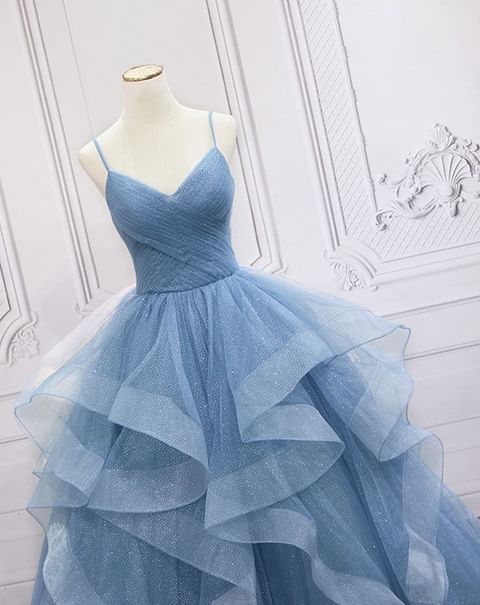 Green/Purple/Blue Fashion Elegant Spaghetti Strap Long Organza Ruffles Ball Gown Evening Gown Graduation Gown Adult Ceremony Gown nv26