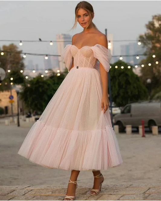 Pink A-line tulle sweetheart tea break length homecoming dress party dress nv2244